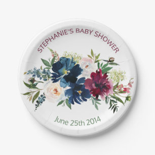 Watercolor Burgundy Navy Flowers Baby Shower Paper Plates