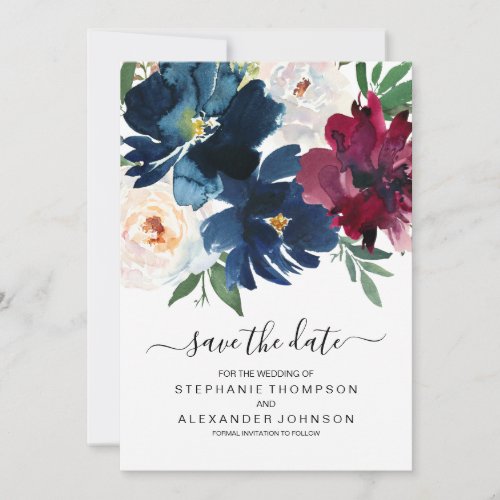 Watercolor Burgundy Navy Flowers Save the Date