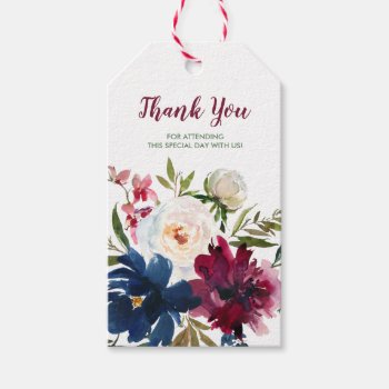 Watercolor Burgundy Navy Flowers Thank You Gift Tags by SpecialOccasionCards at Zazzle