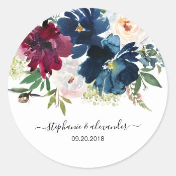 Watercolor Burgundy Navy Flowers Wedding Classic Round Sticker by SpecialOccasionCards at Zazzle