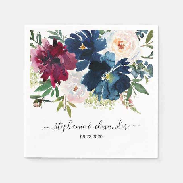 Watercolor Burgundy Navy Flowers Wedding Napkins (Front)