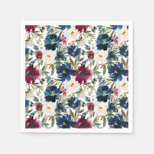 Watercolor Burgundy Navy Flowers Wedding Napkins