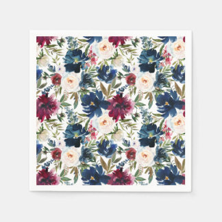 Watercolor Burgundy Navy Flowers Wedding Napkins