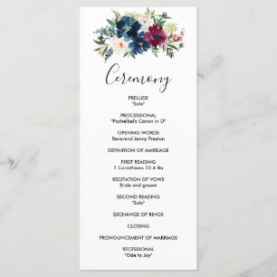 Watercolor Burgundy Navy Flowers Wedding Program