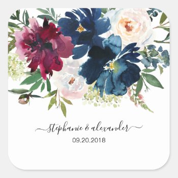 Watercolor Burgundy Navy Flowers Wedding Square Sticker by SpecialOccasionCards at Zazzle