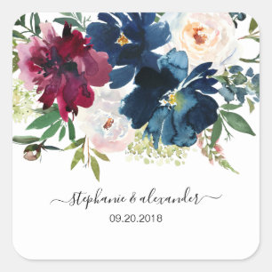 Watercolor Burgundy Navy Flowers Wedding Square Sticker