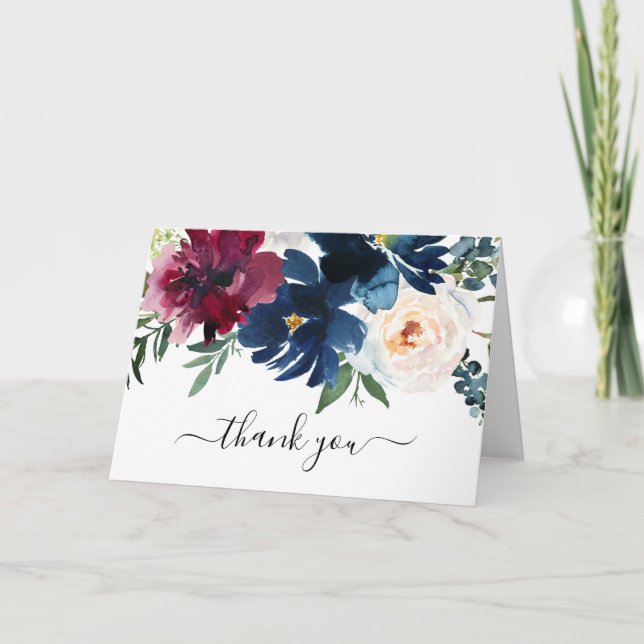 Watercolor Burgundy Navy Flowers Wedding Thank You (Front)