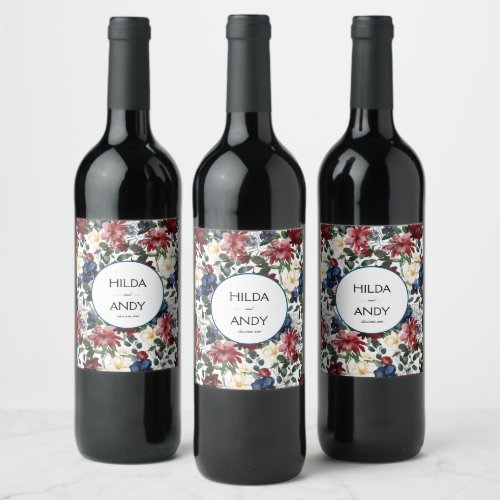 Watercolor  Burgundy Navy Roses Wine Label