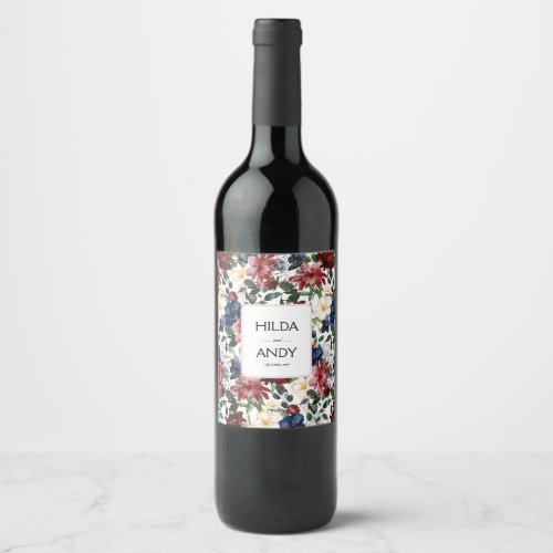 Watercolor  Burgundy Navy Roses Wine Label