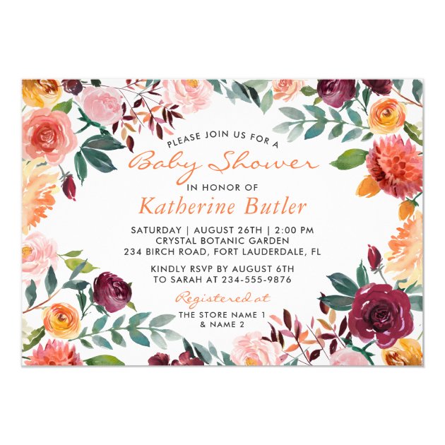 Watercolor Burgundy Orange Pink Floral Baby Shower Invitation