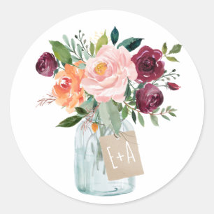 Watercolor Burgundy Orange Pink Floral Mason Jar Classic Round Sticker