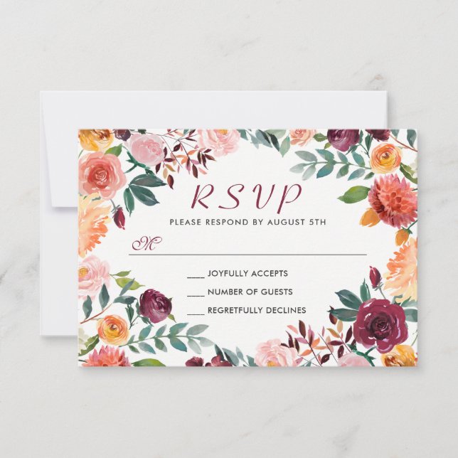 Watercolor Burgundy Orange Pink Floral Wreath RSVP (Front)