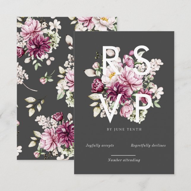 watercolor burgundy peonies rsvp card (Front/Back)