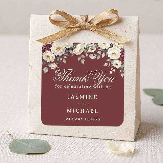 Watercolor Burgundy Peony Winter Wedding Thank You Square Sticker (Creator Uploaded)