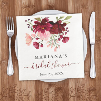 Watercolor Burgundy Pink Floral Bridal Shower Paper Dinner Napkins