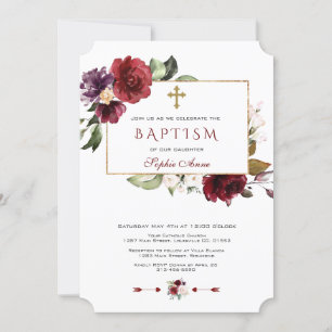 Watercolor Burgundy Pink Floral Frame Baptism Invitation