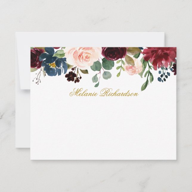 Watercolor Burgundy Pink Floral Gold Personalized Note Card (Front)