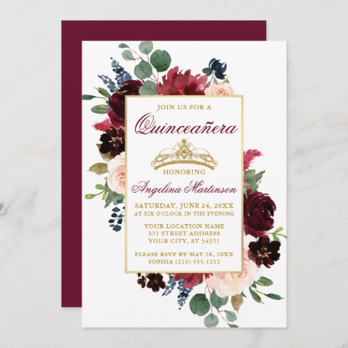 Watercolor Burgundy Pink Floral Gold Quinceanera Invitation