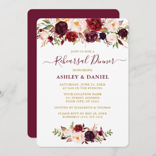 Watercolor Burgundy Pink Floral Gold Rehearsal Invitation