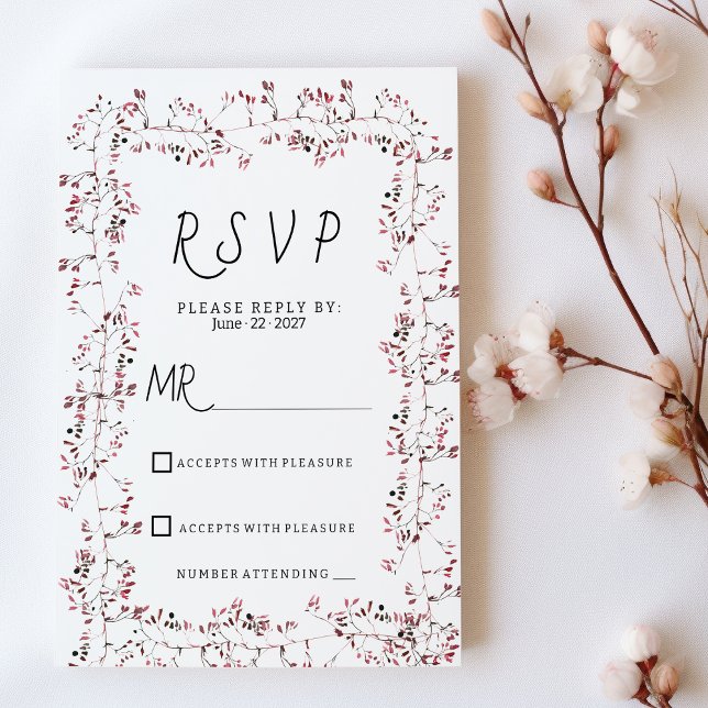 Watercolor burgundy pink floral leaf RSVP  Invitation (Watercolor burgundy pink floral leaf RSVP)