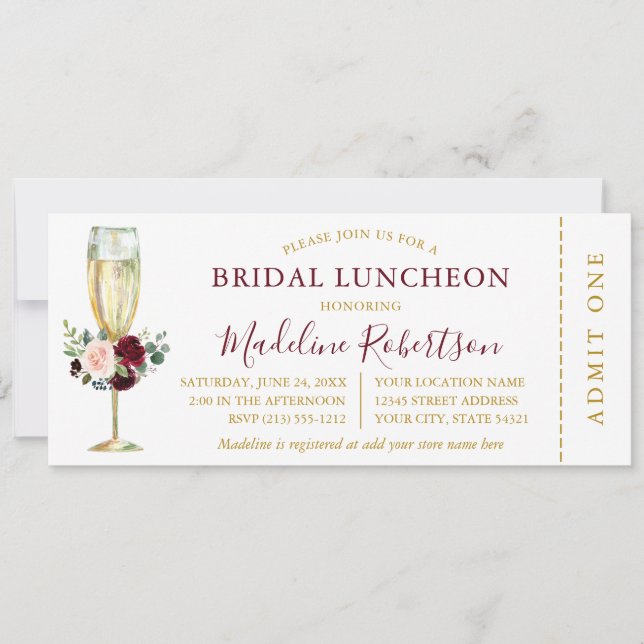 Watercolor Burgundy Pink Floral Luncheon Ticket Invitation (Front)