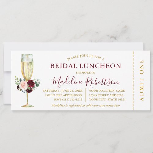 Watercolor Burgundy Pink Floral Luncheon Ticket Invitation