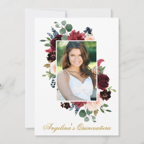 Watercolor Burgundy Pink Floral Photo Quinceanera Invitation