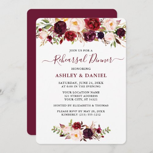 Watercolor Burgundy Pink Floral Rehearsal Dinner Invitation