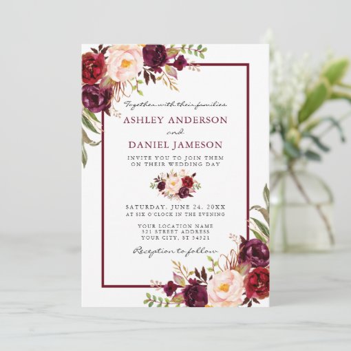 Watercolor Burgundy Pink Floral Wedding Invitation | Zazzle