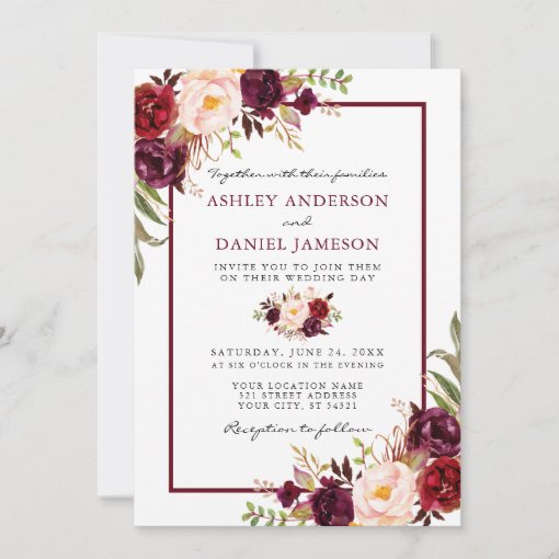 Watercolor Burgundy Pink Floral Wedding Invitation | Zazzle