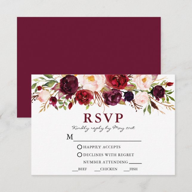 Watercolor Burgundy Pink Floral Wedding Meal RSVP Card (Front/Back)