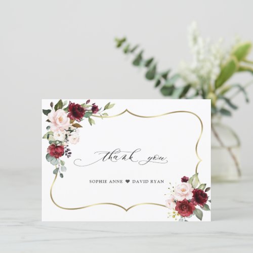 Watercolor Burgundy Pink Flowers Gold Wedding  Thank You Card