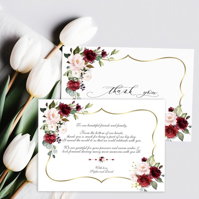 Watercolor Burgundy Pink Flowers Gold Wedding  Thank You Card (Creator Uploaded)