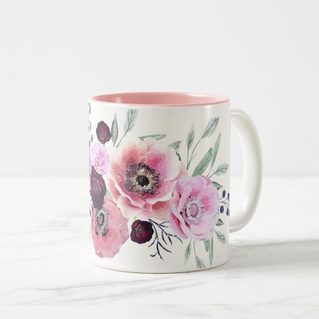 Watercolor burgundy pink flowers Two-Tone coffee mug (Front Right)