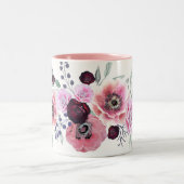 Watercolor burgundy pink flowers Two-Tone coffee mug (Center)