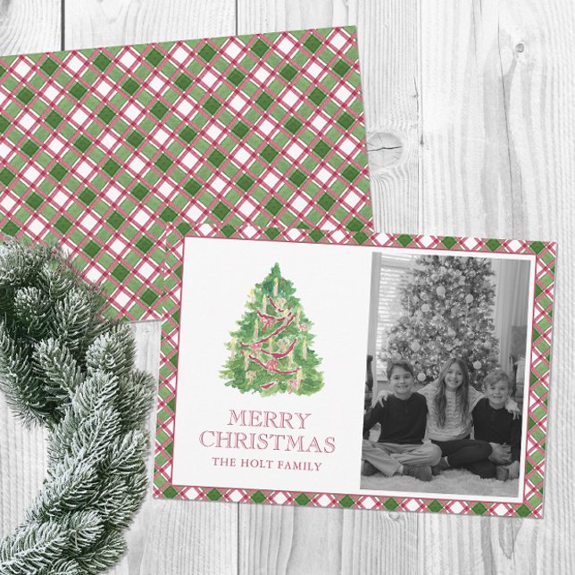 Watercolor Burgundy Plaid Christmas Tree Photo Holiday Card (Creator Uploaded)