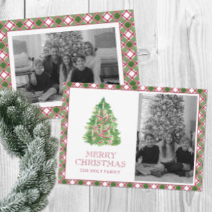 Watercolor Burgundy Plaid Christmas Tree Photo Holiday Card