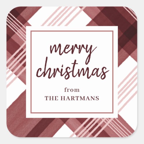 Watercolor Burgundy Plaid Merry Christmas Name   Square Sticker