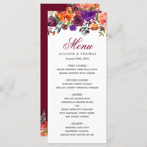 Watercolor Burgundy Purple Floral Wedding Menu - Watercolor Burgundy Purple Floral Wedding Menu Card. For further customization, please click the "customize further" link and use our design tool to modify this template. If you need help or matching items, please contact me.