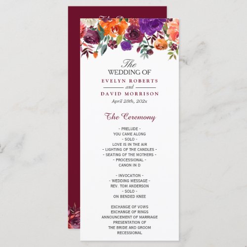 Watercolor Burgundy Purple Orange Floral Wedding Program - Watercolor Burgundy Purple Orange Floral Wedding Program Card. For further customization, please click the "customize further" link and use our design tool to modify this template. If you need help or matching items, please contact me.