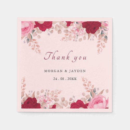 Watercolor Burgundy Red Blush Pink Floral Wedding Napkins