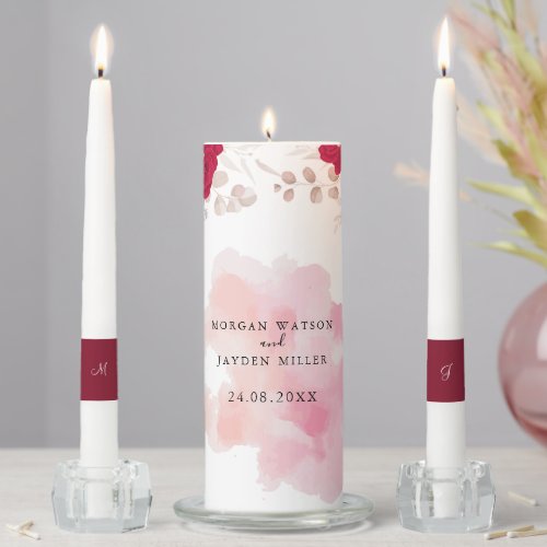 Watercolor Burgundy Red Blush Pink Floral Wedding Unity Candle Set