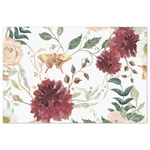 Watercolor Burgundy Red Floral butterfly Decoupage Tissue Paper