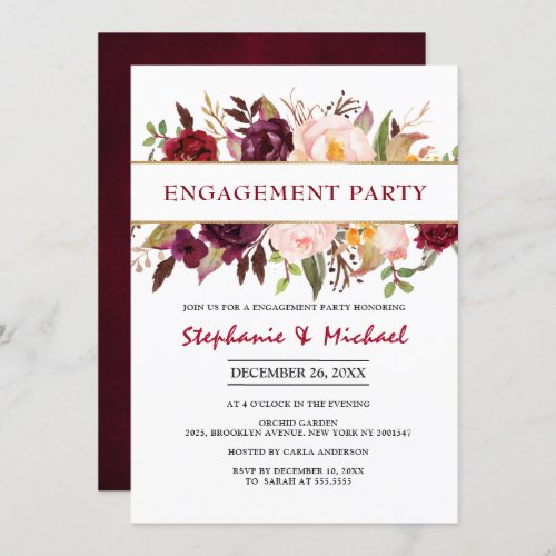 Watercolor Burgundy Red Floral Engagement Party Invitation