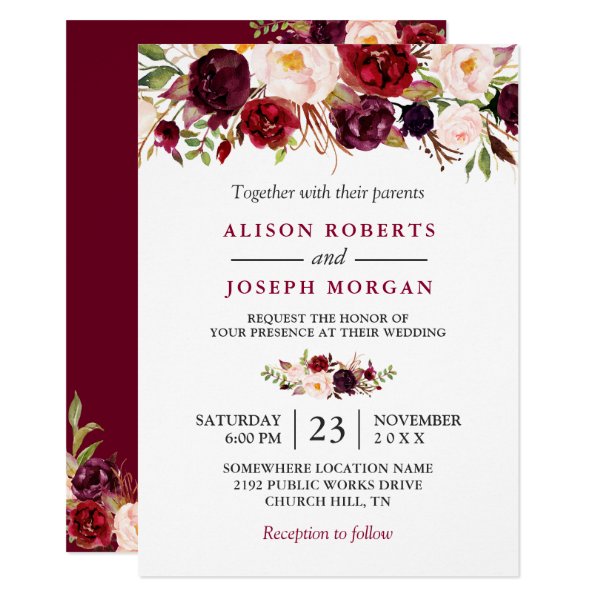 256816143393090951 Watercolor Burgundy Red Floral Rustic Boho Wedding Invitation