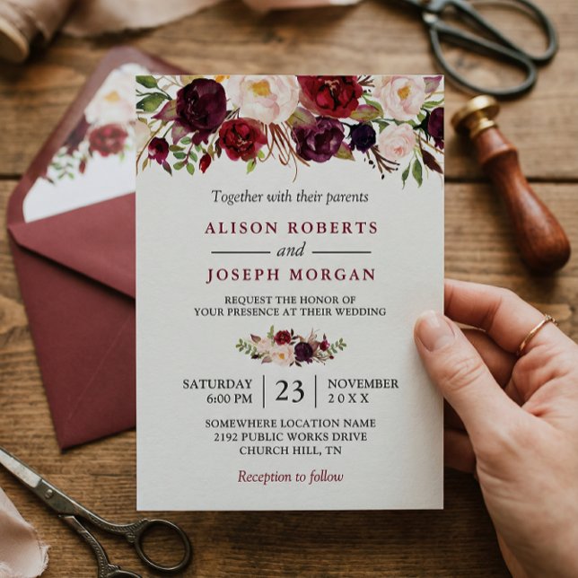 Watercolor Burgundy Red Floral Rustic Boho Wedding Invitation (Creator Uploaded)