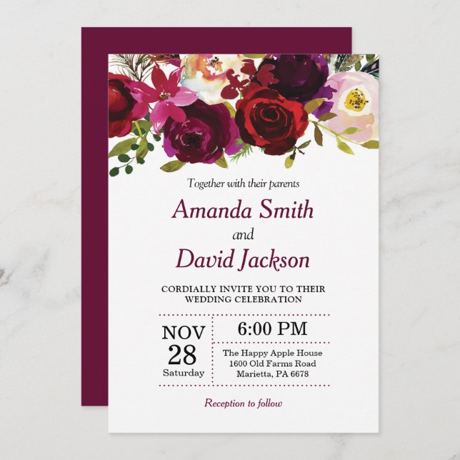 Watercolor Burgundy Red Floral Wedding Invitation (Front/Back)