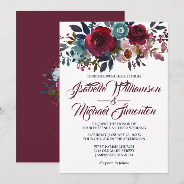 Watercolor Burgundy Red Floral Wedding Invitations (Front/Back)