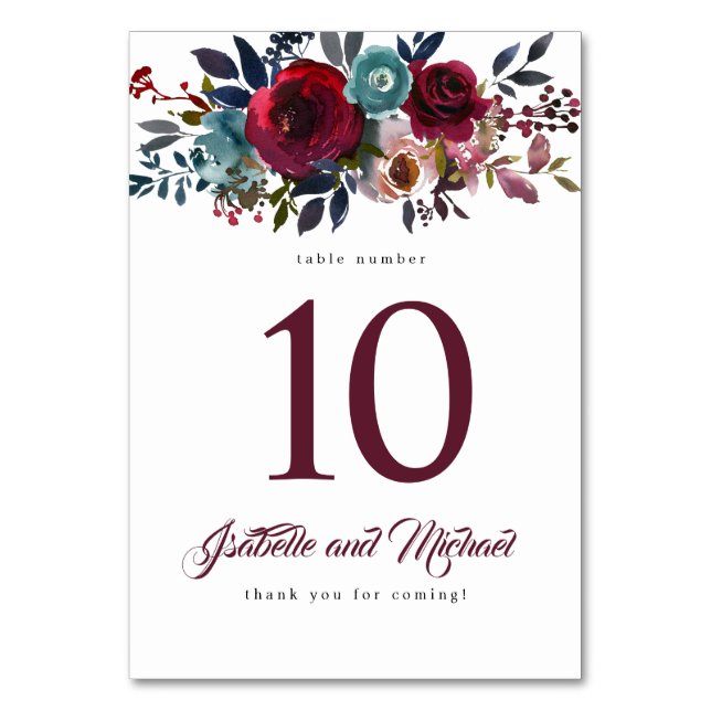 Watercolor Burgundy Red Floral Wedding Table Card (Front)