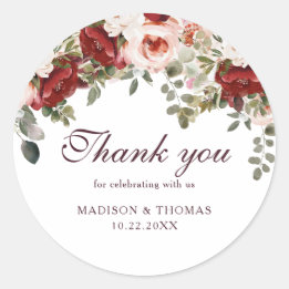 Watercolor Burgundy Red Floral Wedding Thank you Classic Round Sticker